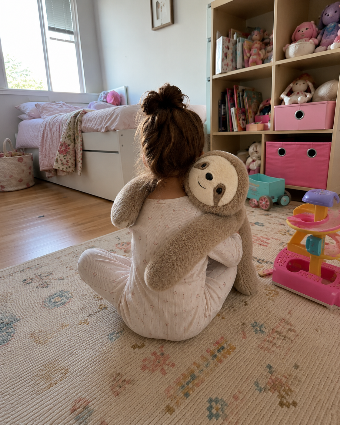 Customer relaxing with Sunny the Sloth