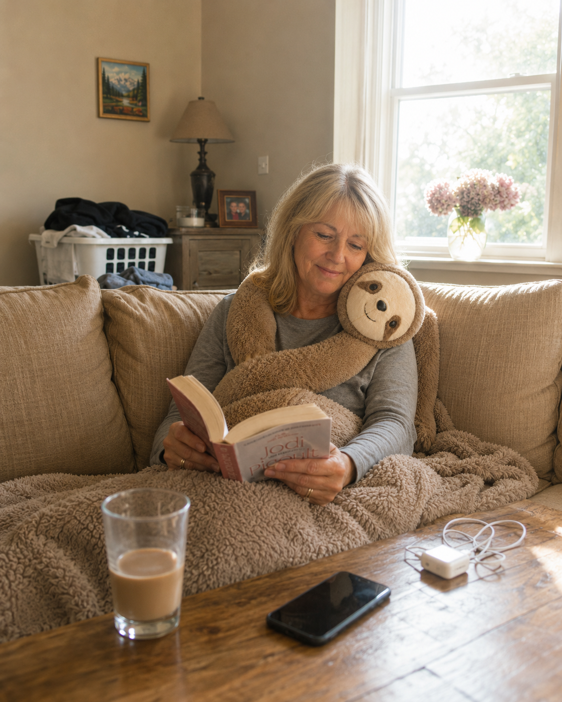 Customer relaxing with Sunny the Sloth