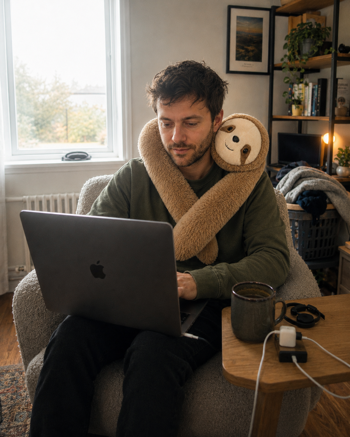 Customer relaxing with Sunny the Sloth