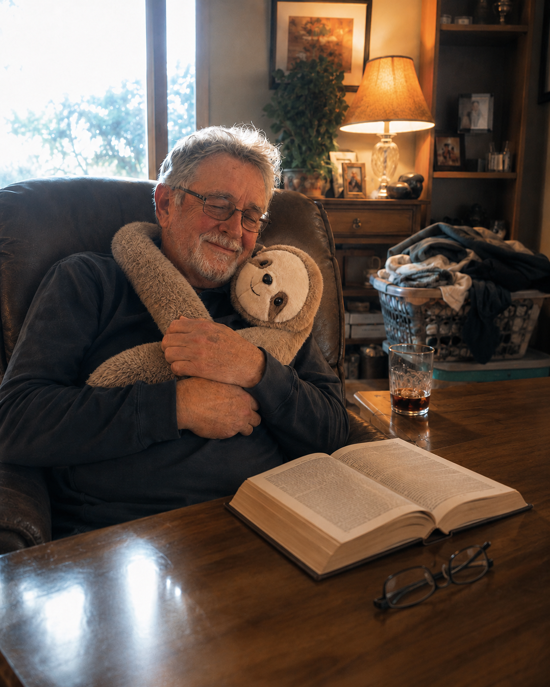 Customer relaxing with Sunny the Sloth