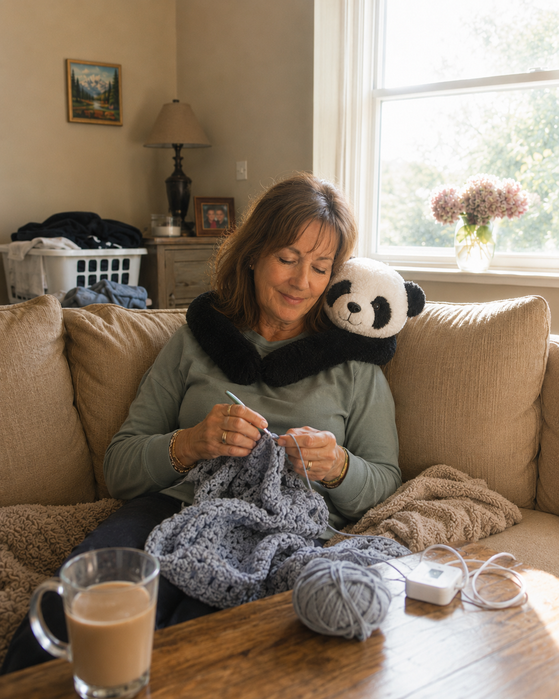 Customer relaxing with Sunny the Sloth