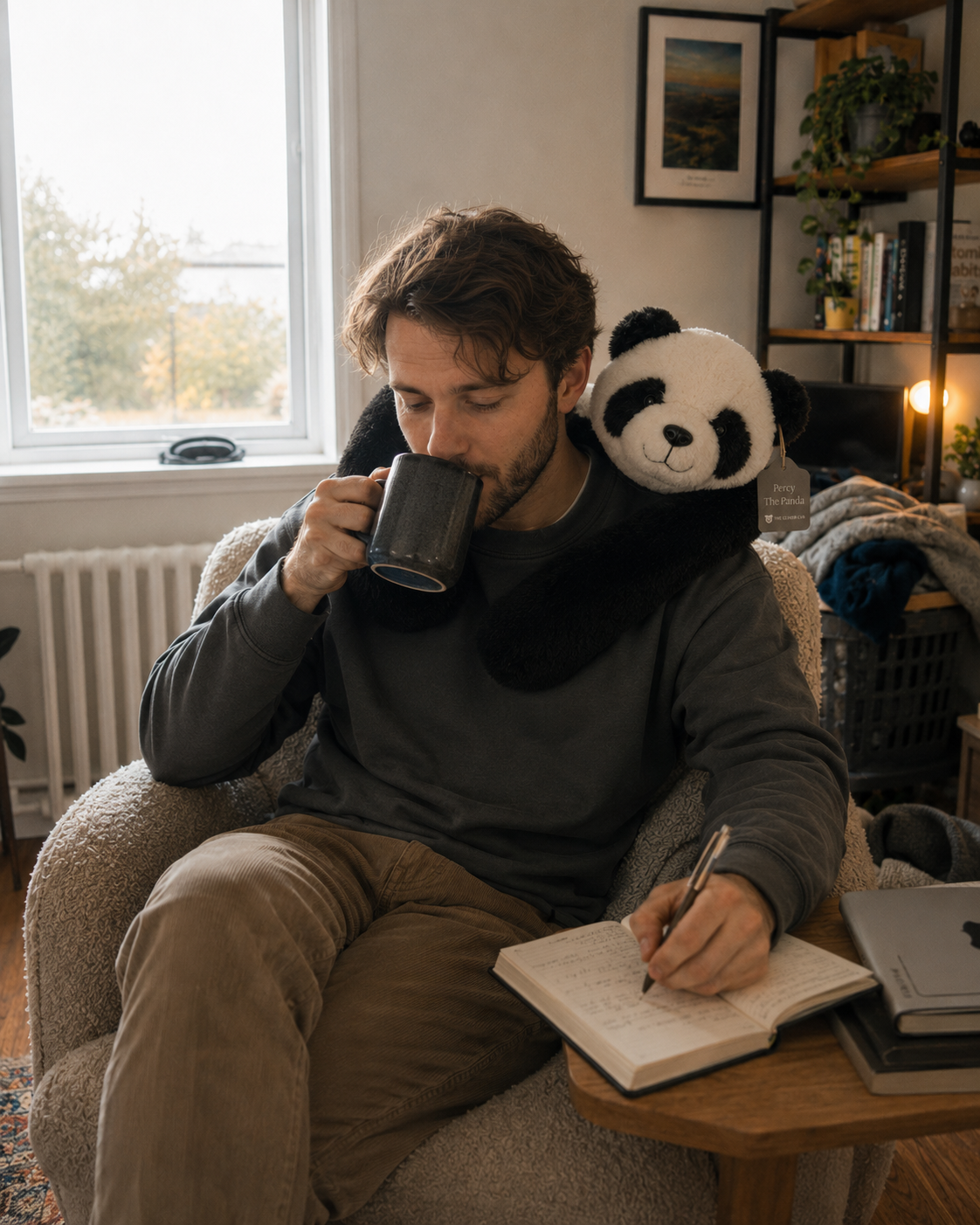 Customer relaxing with Sunny the Sloth
