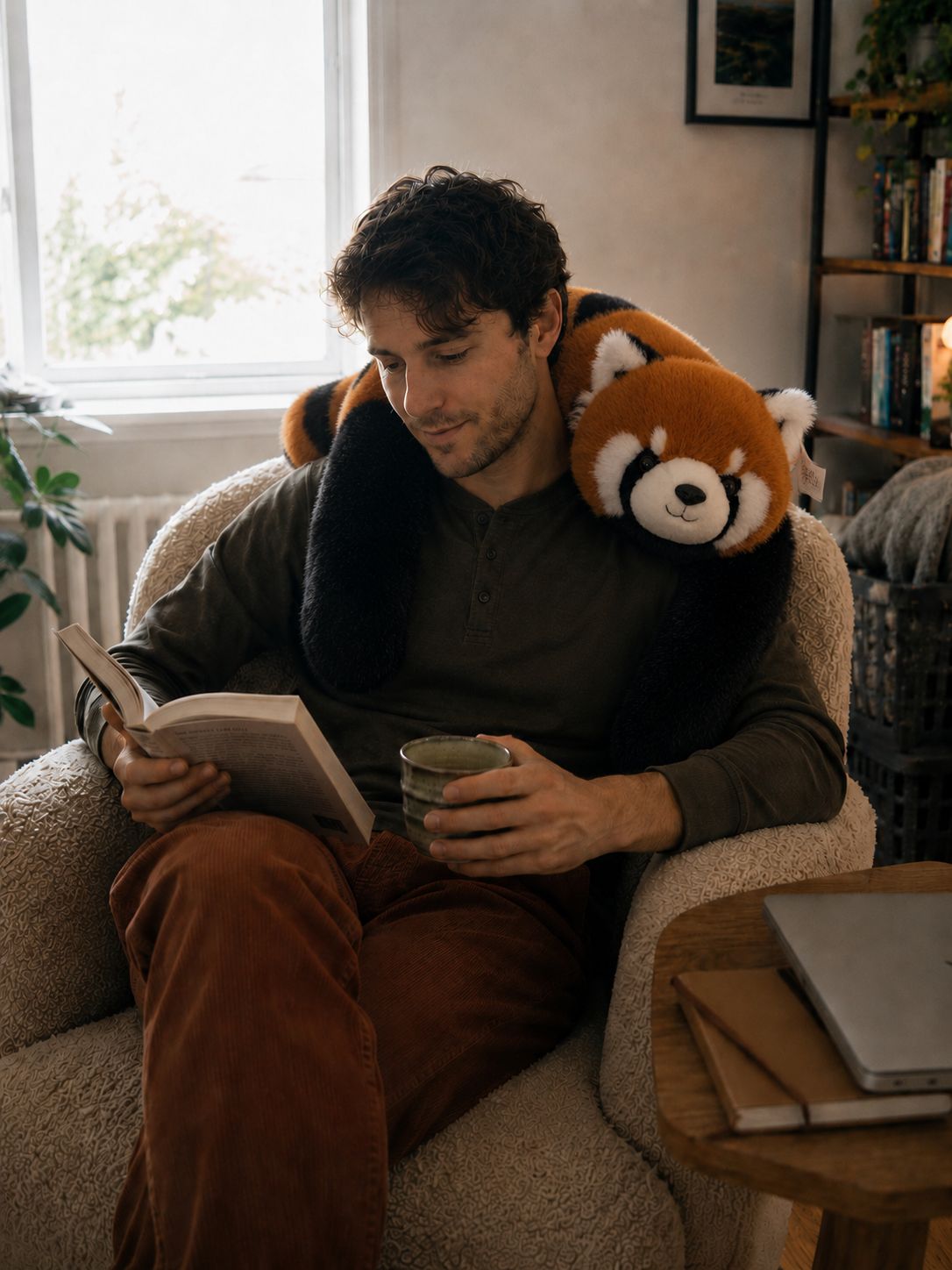 Customer relaxing with Sunny the Sloth