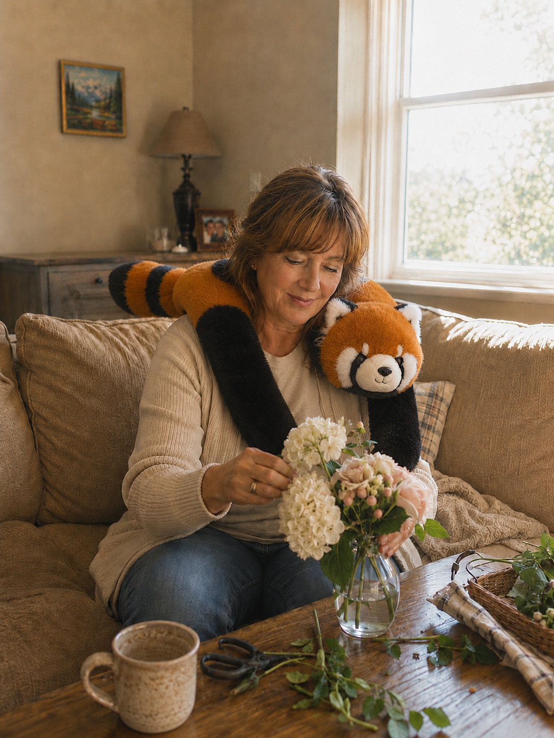 Customer relaxing with Sunny the Sloth
