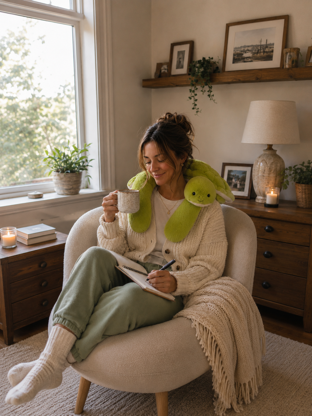 Customer relaxing with Terry the Turtle